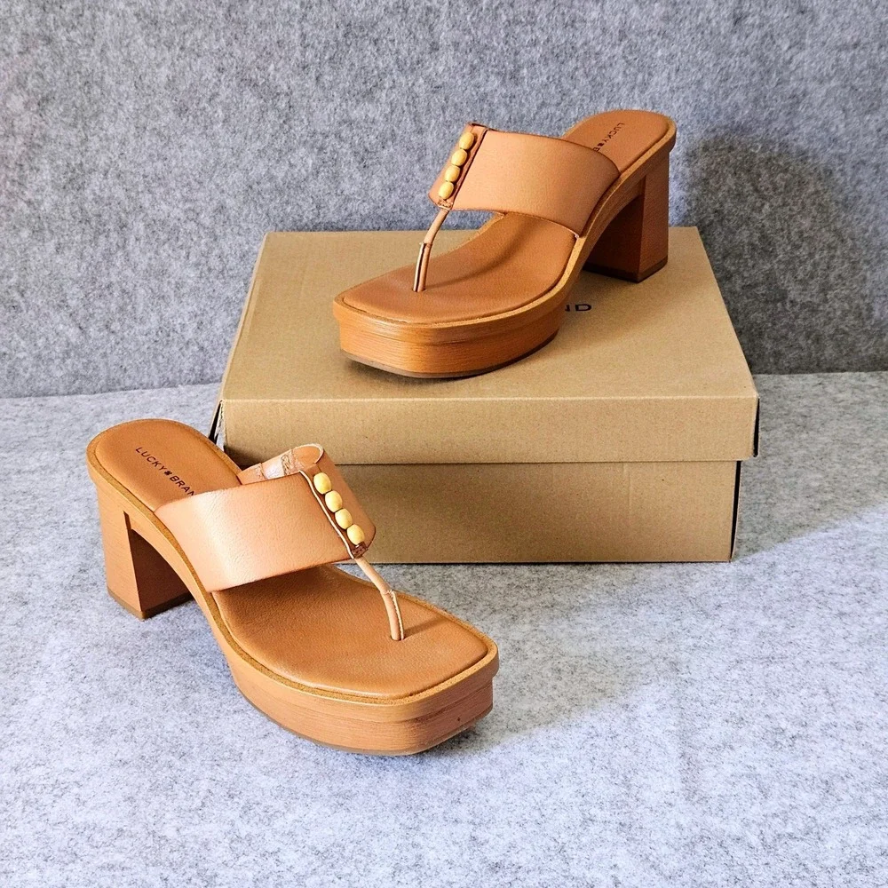 Lucky Brand Womens Tan Leather Beaded Thong Platform Block Heel Sandals Size 9M - Picture 1 of 10